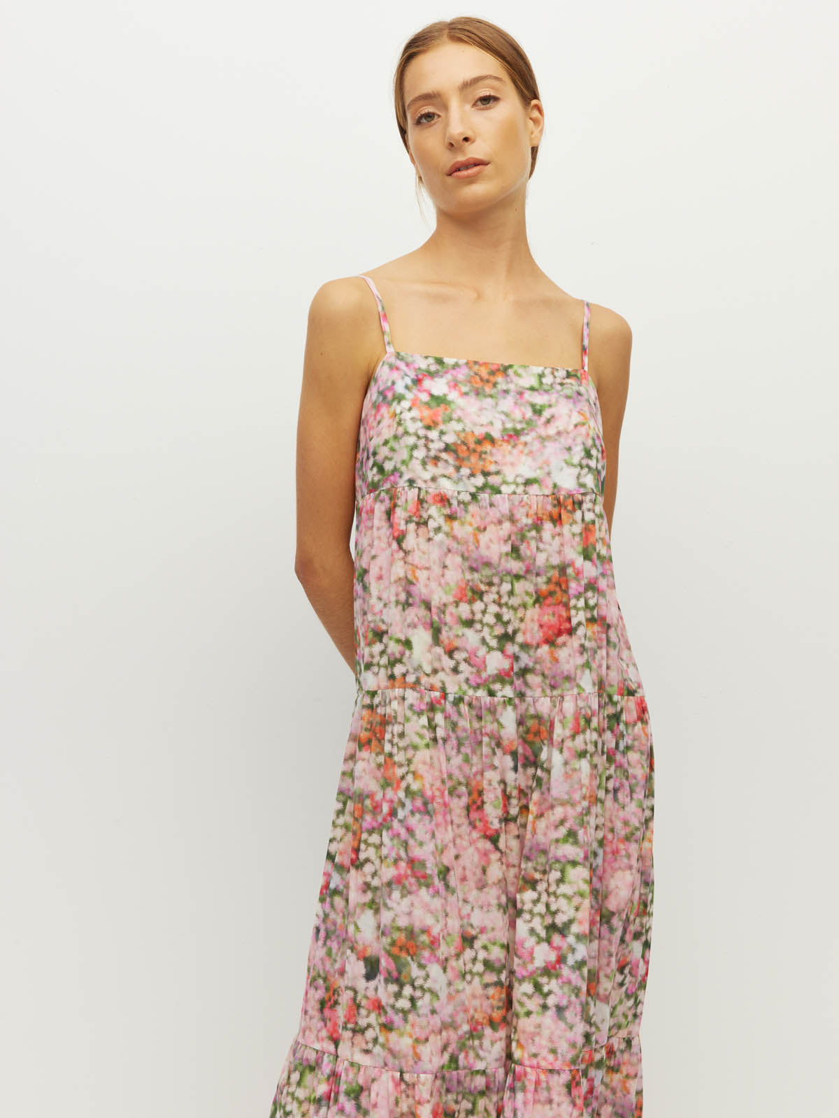 Juliette Hogan Rosa Dress (Peony Fields Cotton) Taffy - printed cotton maxi dress with elasticated back bodice and tiered skirt.