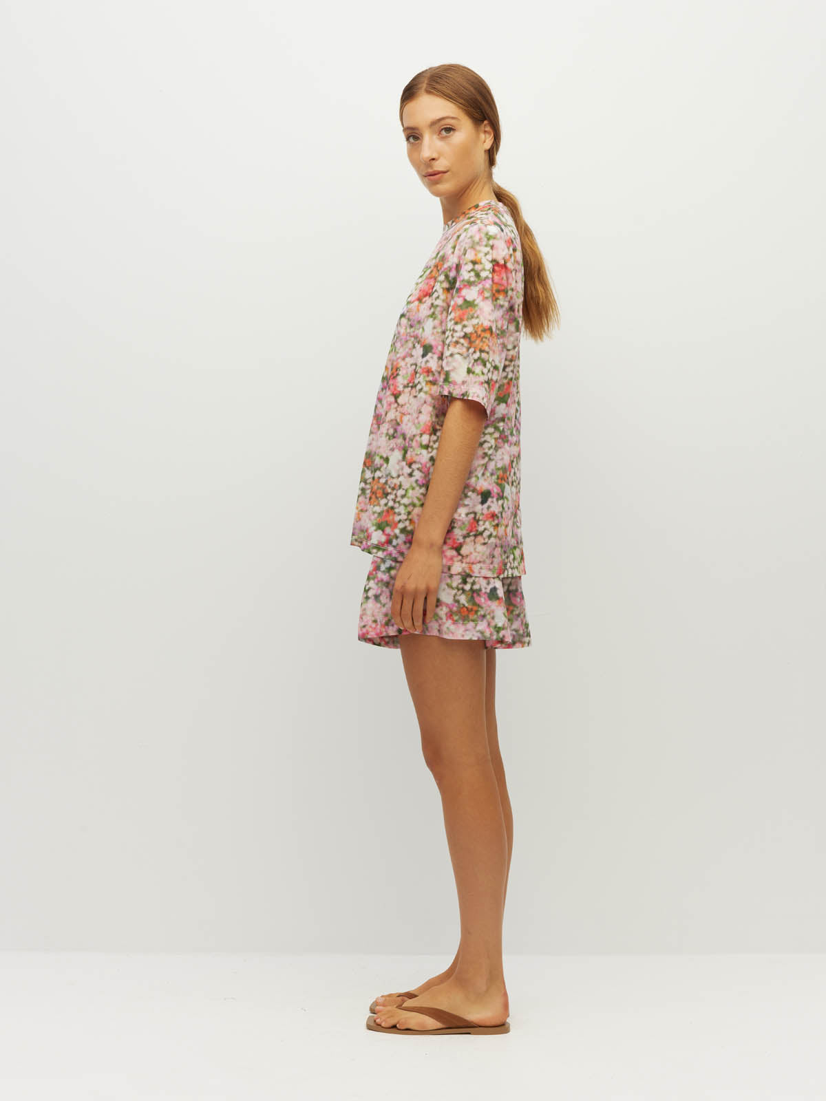 Juliette Hogan Saville T (Peony Fields Cotton) Taffy - relaxed, oversized cotton T-shirt with crew neckline, drop shoulder, and back-neck zip closure.