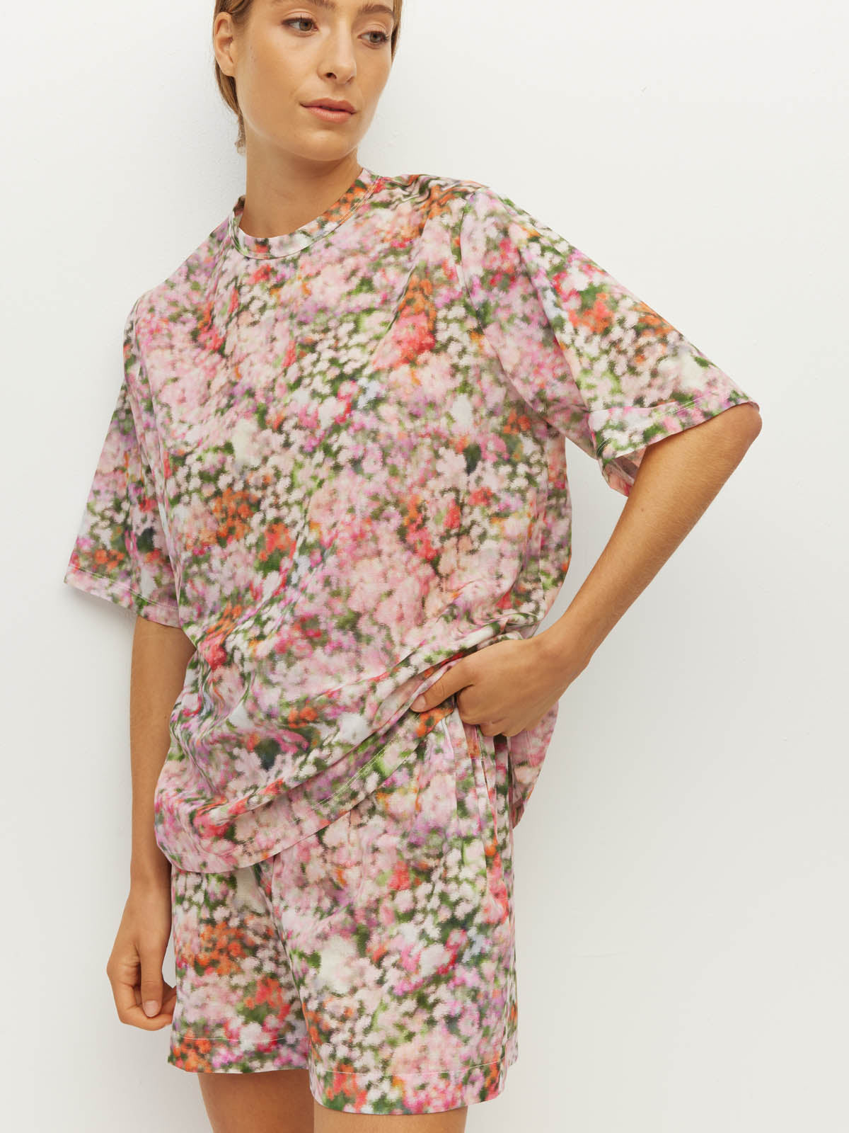Juliette Hogan Saville T (Peony Fields Cotton) Taffy - relaxed, oversized cotton T-shirt with crew neckline, drop shoulder, and back-neck zip closure.