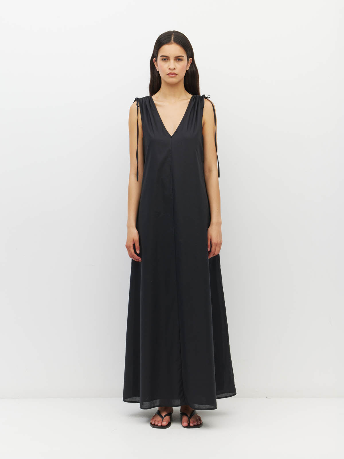 Juliette Hogan Tulia Dress (Resort Cotton) Black - reversible cotton maxi dress with adjustable V-neckline and tie shoulders, self-lined.