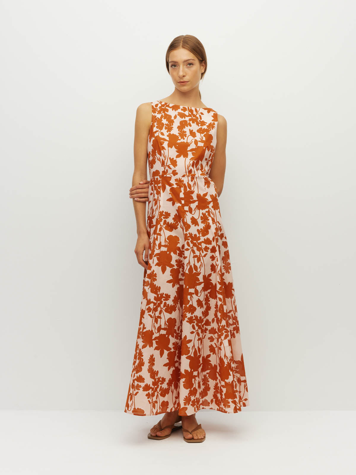 Juliette Hogan Rome Dress (Shadow Floral Cotton) Clay - fitted-bodice printed cotton dress with high neckline and panelled, ankle-length skirt, machine washable.