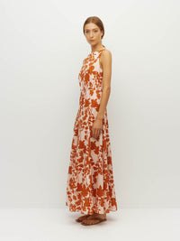 Juliette Hogan Rome Dress (Shadow Floral Cotton) Clay - fitted-bodice printed cotton dress with high neckline and panelled, ankle-length skirt, machine washable.