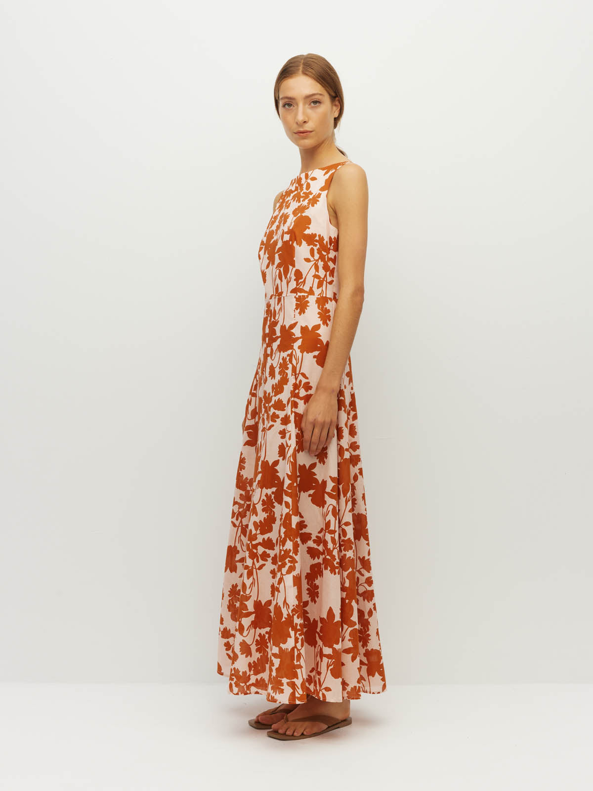 Juliette Hogan Rome Dress (Shadow Floral Cotton) Clay - fitted-bodice printed cotton dress with high neckline and panelled, ankle-length skirt, machine washable.