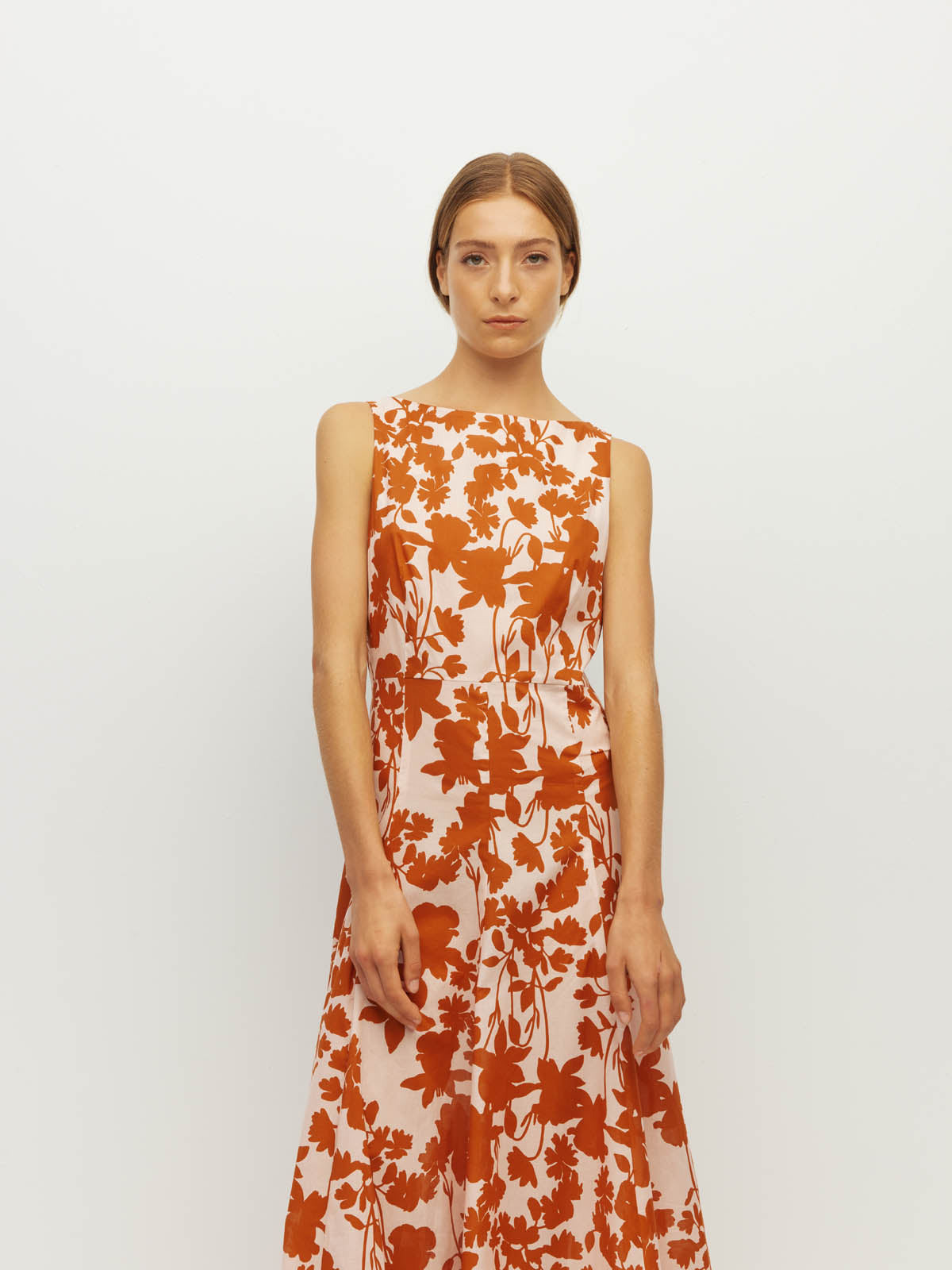 Juliette Hogan Rome Dress (Shadow Floral Cotton) Clay - fitted-bodice printed cotton dress with high neckline and panelled, ankle-length skirt, machine washable.