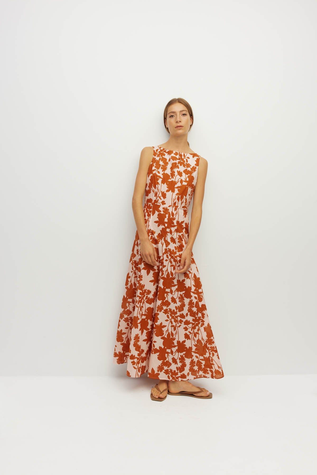 Juliette Hogan Rome Dress (Shadow Floral Cotton) Clay - fitted-bodice printed cotton dress with high neckline and panelled, ankle-length skirt, machine washable.