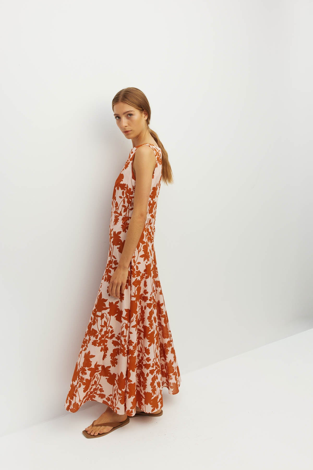 Juliette Hogan Rome Dress (Shadow Floral Cotton) Clay - fitted-bodice printed cotton dress with high neckline and panelled, ankle-length skirt, machine washable.
