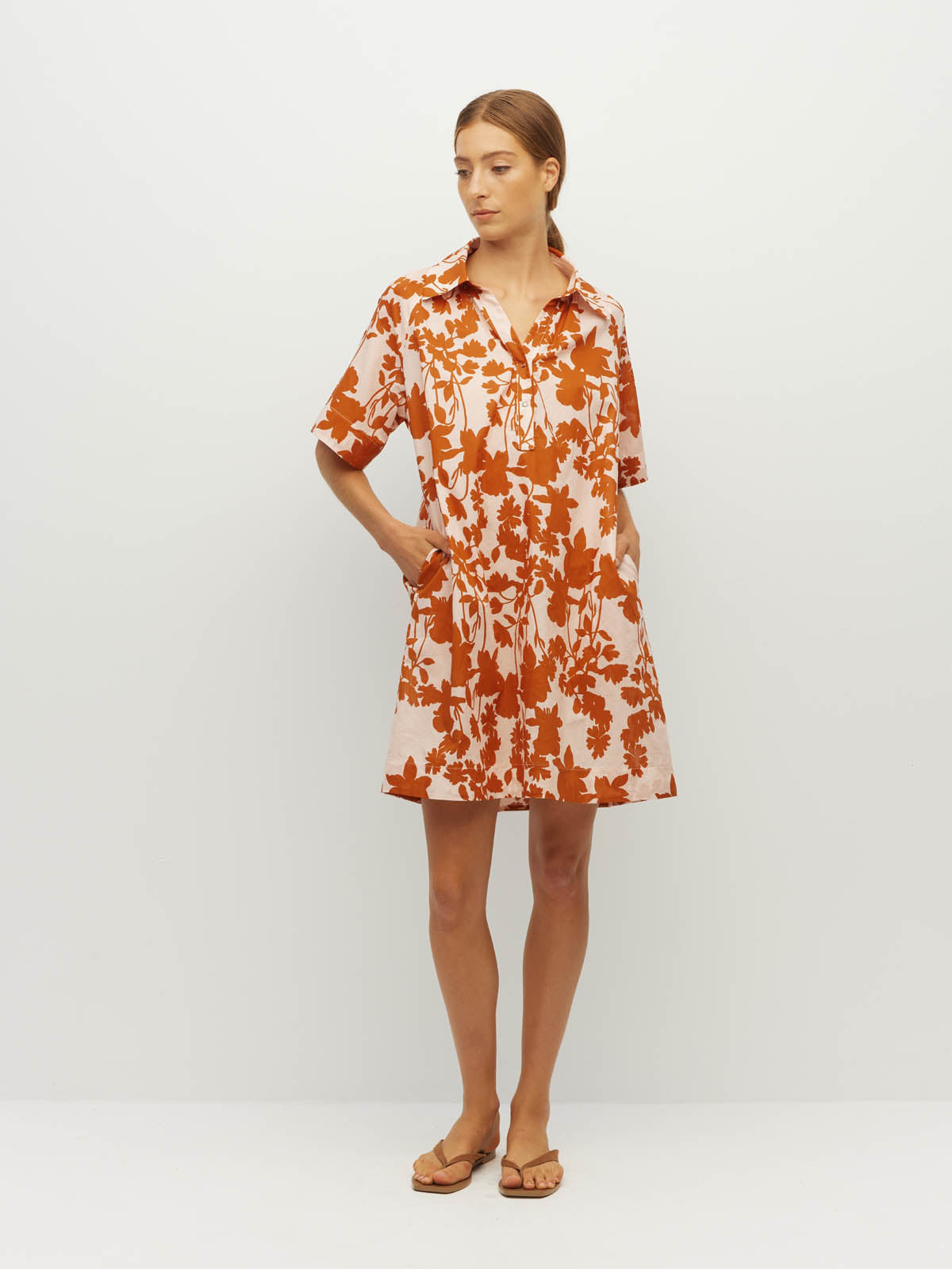 Juliette Hogan Rue Shirtdress (Shadow Floral Cotton) Clay - easy-fit printed cotton shirtdress with collar and raglan sleeves.