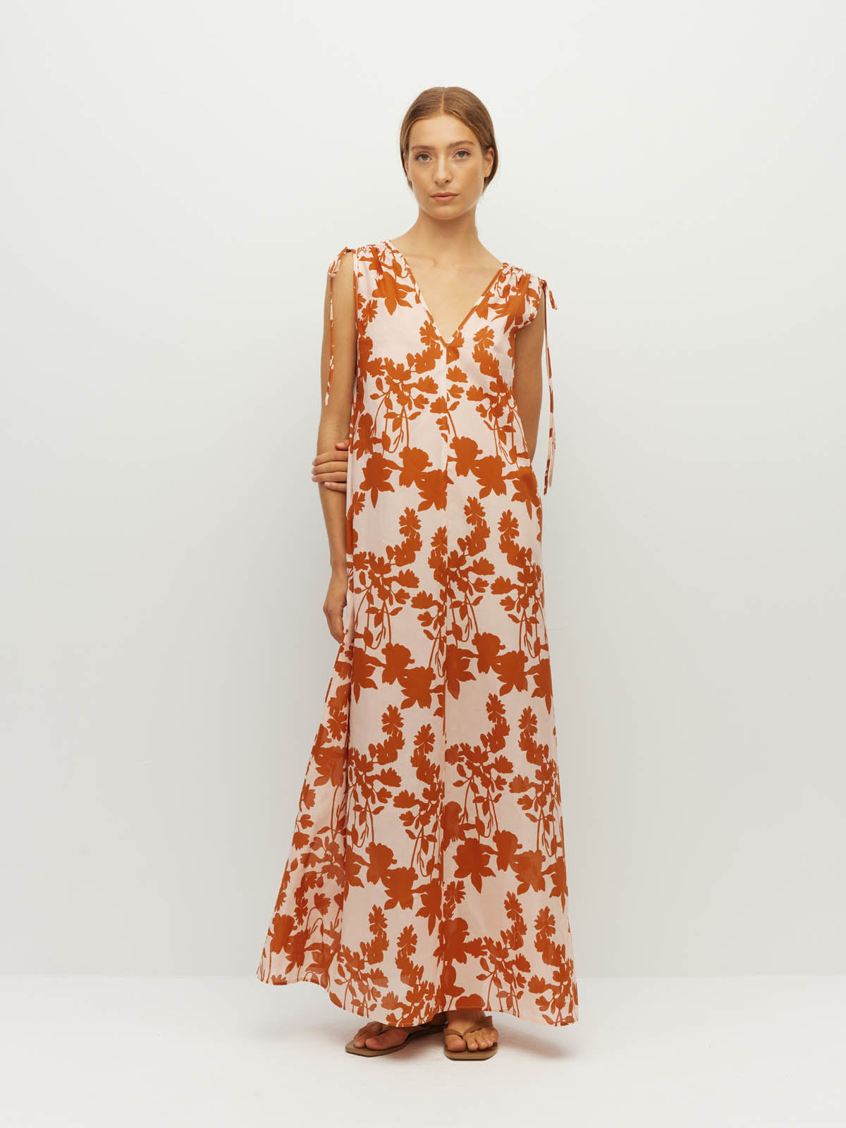Juliette Hogan Tulia Dress (Shadow Floral Cotton) Clay - reversible cotton maxi dress with adjustable V-neckline and tie shoulders.