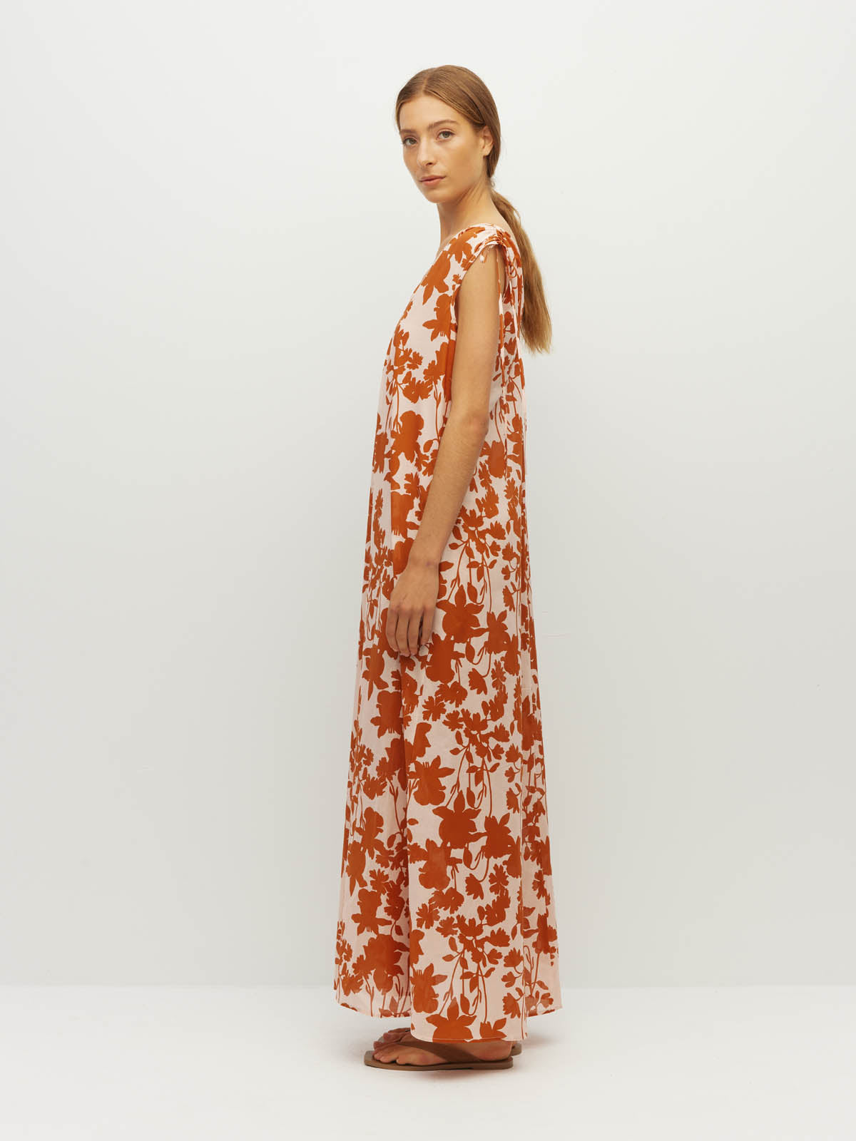 Juliette Hogan Tulia Dress (Shadow Floral Cotton) Clay - reversible cotton maxi dress with adjustable V-neckline and tie shoulders.