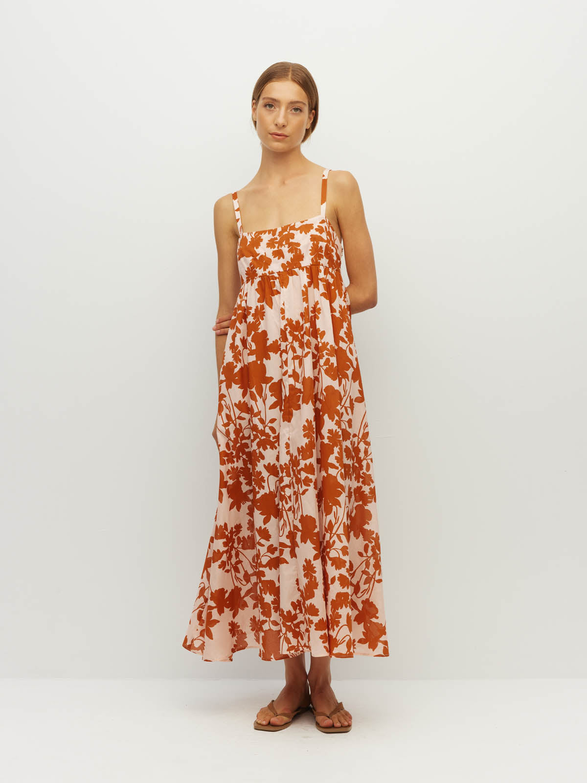 Juliette Hogan Wendy Dress (Shadow Floral Cotton) Clay - fitted-bodice cotton sundress with free-flowing skirt, lower-calf hemline.