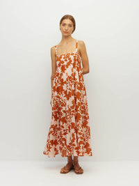 Juliette Hogan Wendy Dress (Shadow Floral Cotton) Clay - fitted-bodice cotton sundress with free-flowing skirt, lower-calf hemline.
