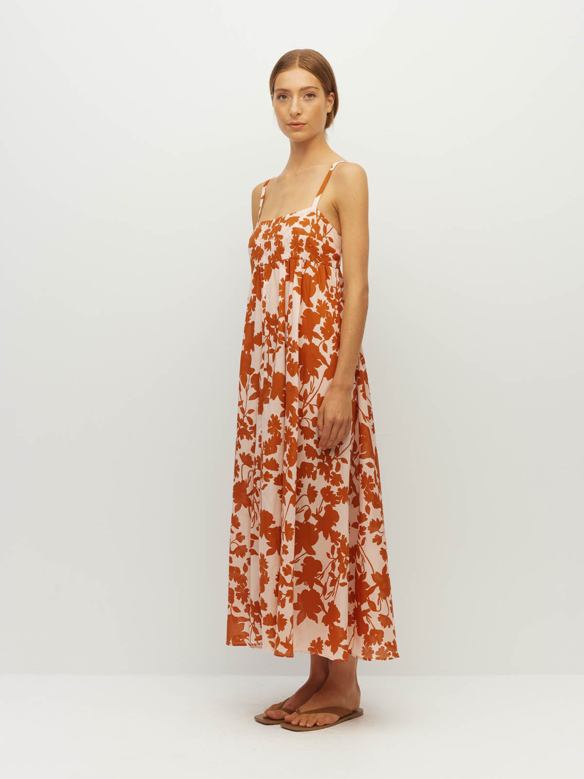 Juliette Hogan Wendy Dress (Shadow Floral Cotton) Clay - fitted-bodice cotton sundress with free-flowing skirt, lower-calf hemline.