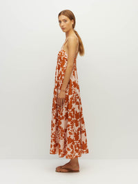 Juliette Hogan Wendy Dress (Shadow Floral Cotton) Clay - fitted-bodice cotton sundress with free-flowing skirt, lower-calf hemline.