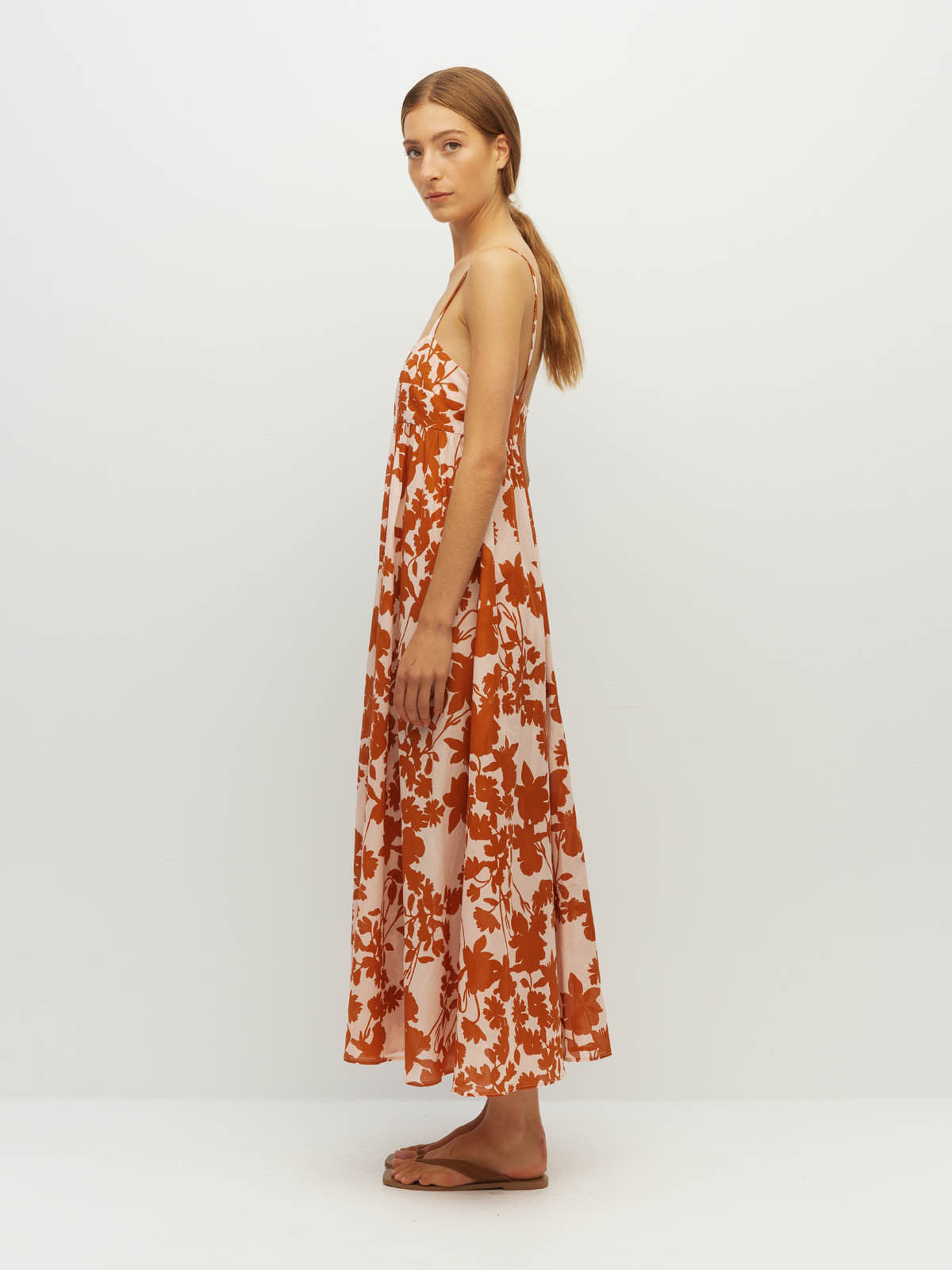 Juliette Hogan Wendy Dress (Shadow Floral Cotton) Clay - fitted-bodice cotton sundress with free-flowing skirt, lower-calf hemline.