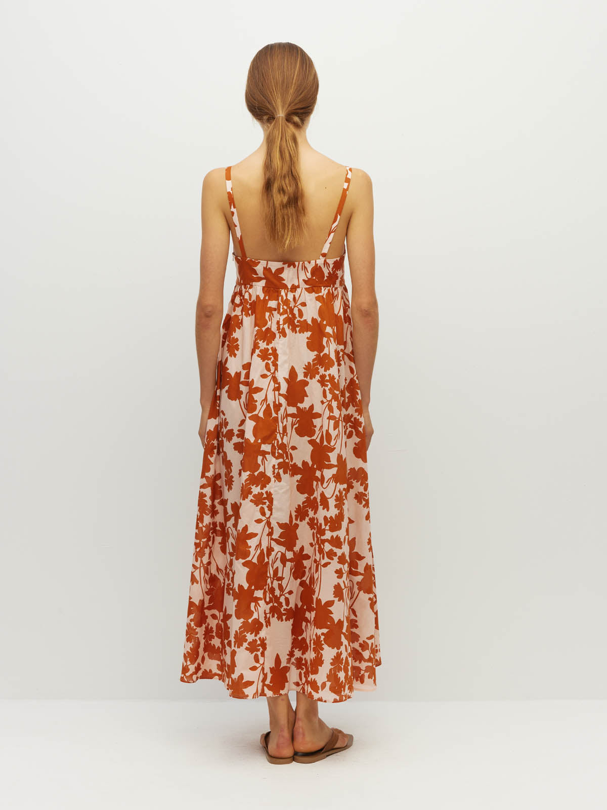 Juliette Hogan Wendy Dress (Shadow Floral Cotton) Clay - fitted-bodice cotton sundress with free-flowing skirt, lower-calf hemline.