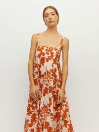 Juliette Hogan Wendy Dress (Shadow Floral Cotton) Clay - fitted-bodice cotton sundress with free-flowing skirt, lower-calf hemline.