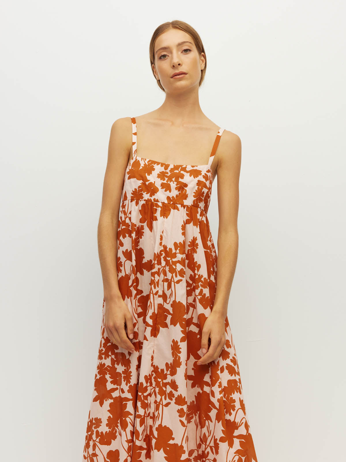 Juliette Hogan Wendy Dress (Shadow Floral Cotton) Clay - fitted-bodice cotton sundress with free-flowing skirt, lower-calf hemline.