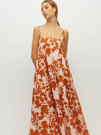 Juliette Hogan Wendy Dress (Shadow Floral Cotton) Clay - fitted-bodice cotton sundress with free-flowing skirt, lower-calf hemline.
