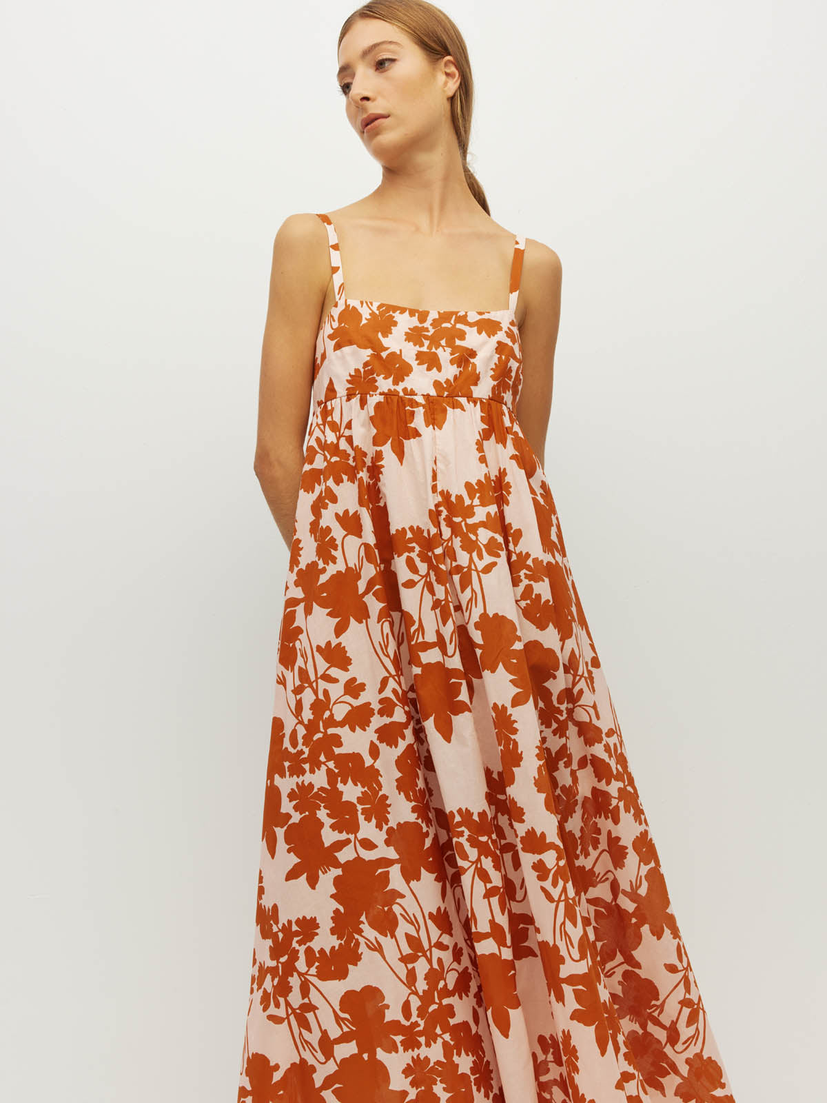 Juliette Hogan Wendy Dress (Shadow Floral Cotton) Clay - fitted-bodice cotton sundress with free-flowing skirt, lower-calf hemline.