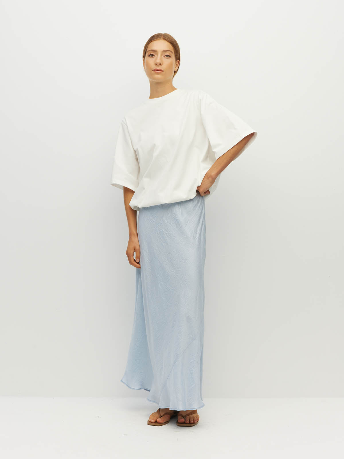 Juliette Hogan Em Skirt (Soft Matte Satin) Baby Blue Crush - bias-cut satin skirt with elastic waistband, lined, lower-calf hem.