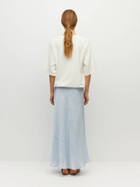Juliette Hogan Em Skirt (Soft Matte Satin) Baby Blue Crush - bias-cut satin skirt with elastic waistband, lined, lower-calf hem.