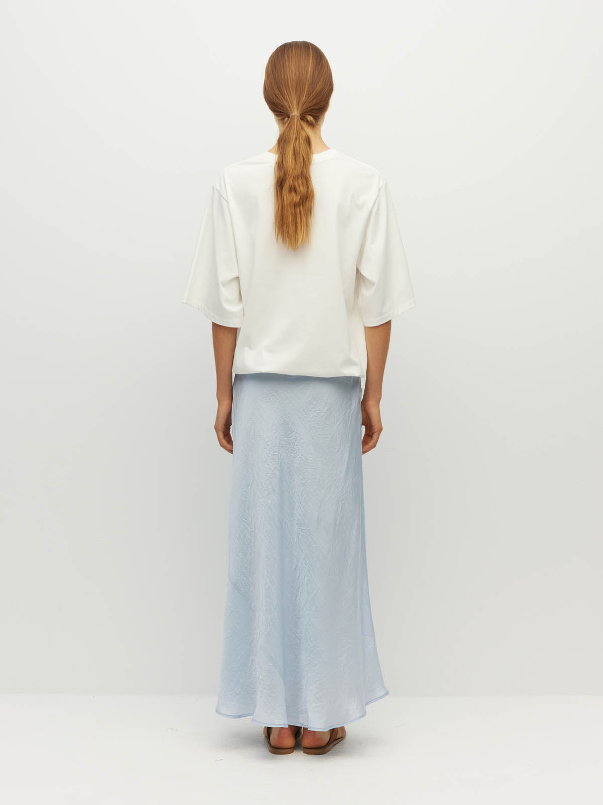 Juliette Hogan Em Skirt (Soft Matte Satin) Baby Blue Crush - bias-cut satin skirt with elastic waistband, lined, lower-calf hem.