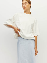 Juliette Hogan Em Skirt (Soft Matte Satin) Baby Blue Crush - bias-cut satin skirt with elastic waistband, lined, lower-calf hem.