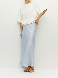 Juliette Hogan Em Skirt (Soft Matte Satin) Baby Blue Crush - bias-cut satin skirt with elastic waistband, lined, lower-calf hem.