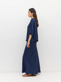 Juliette Hogan Em Skirt (Soft Matte Satin) Navy Crush - bias-cut satin skirt with elastic waistband, lined, lower-calf hem.