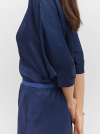 Juliette Hogan Em Skirt (Soft Matte Satin) Navy Crush - bias-cut satin skirt with elastic waistband, lined, lower-calf hem.