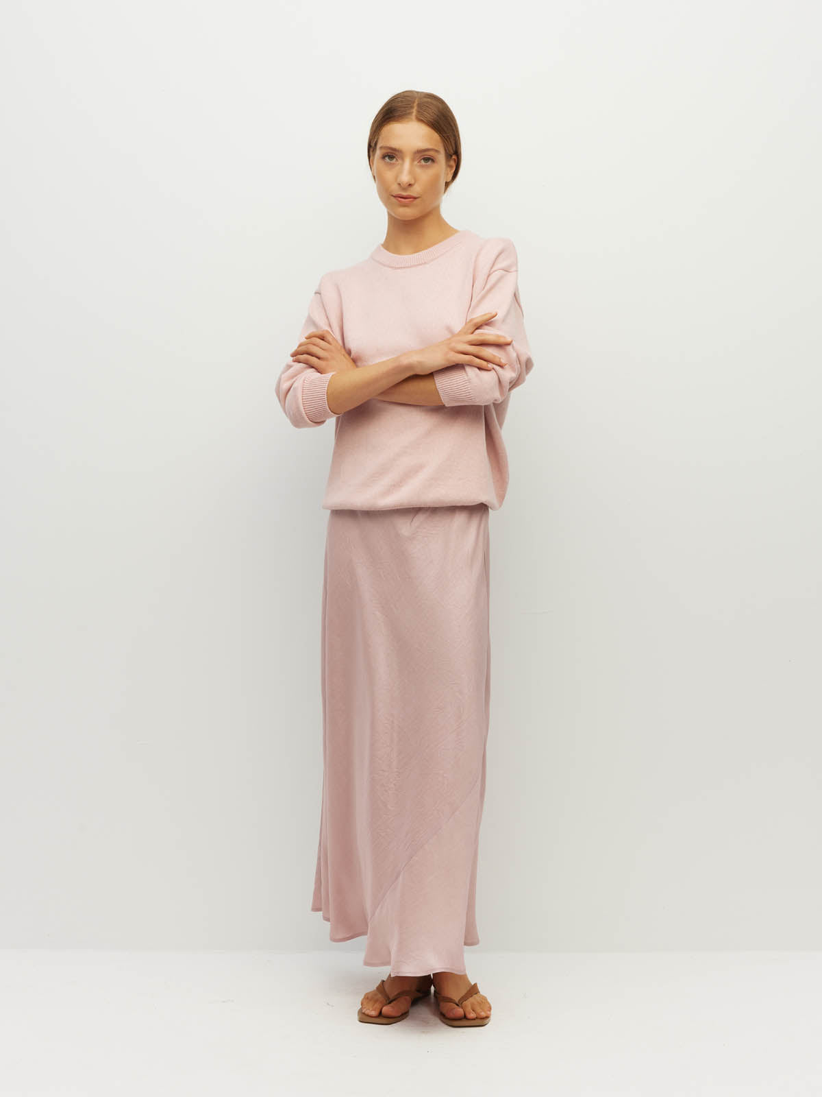 Juliette Hogan Em Skirt (Soft Matte Satin) Pale Pink Crush - bias-cut satin skirt with elastic waistband, lined, lower-calf hem.