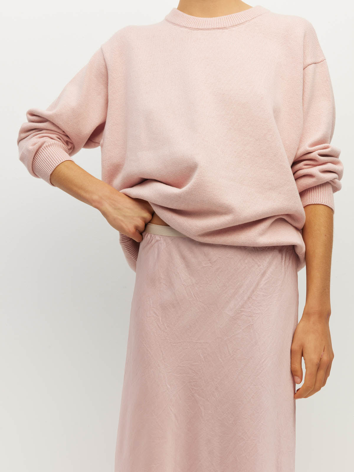 Juliette Hogan Em Skirt (Soft Matte Satin) Pale Pink Crush - bias-cut satin skirt with elastic waistband, lined, lower-calf hem.