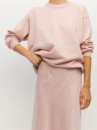 Juliette Hogan Em Skirt (Soft Matte Satin) Pale Pink Crush - bias-cut satin skirt with elastic waistband, lined, lower-calf hem.