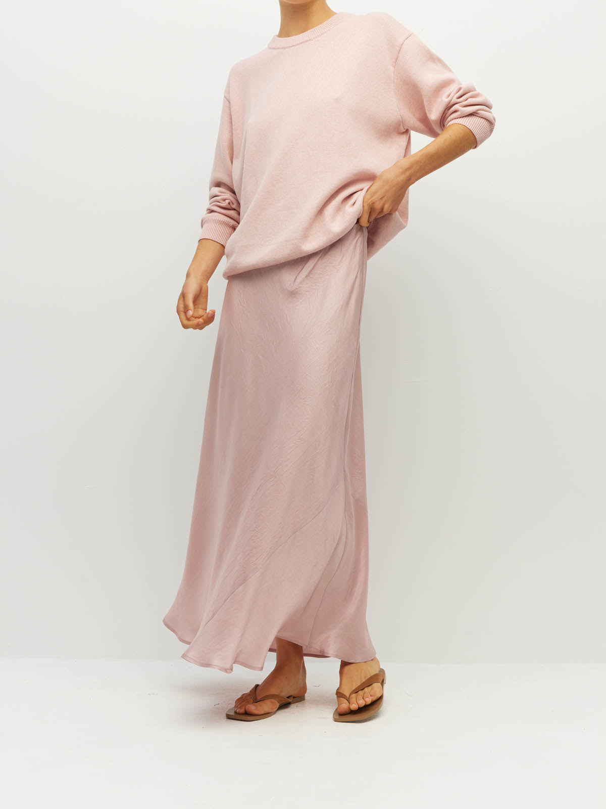 Juliette Hogan Em Skirt (Soft Matte Satin) Pale Pink Crush - bias-cut satin skirt with elastic waistband, lined, lower-calf hem.