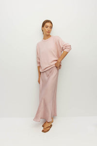 Juliette Hogan Em Skirt (Soft Matte Satin) Pale Pink Crush - bias-cut satin skirt with elastic waistband, lined, lower-calf hem.