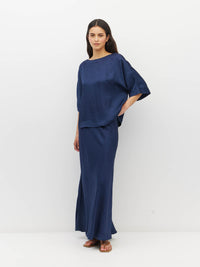 Juliette Hogan Nami T (Soft Matte Satin) Navy Crush - oversized satin top with boat neckline and wide kimono sleeves.