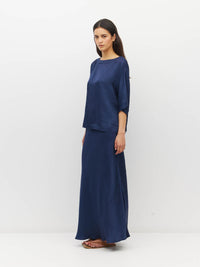 Juliette Hogan Nami T (Soft Matte Satin) Navy Crush - oversized satin top with boat neckline and wide kimono sleeves.