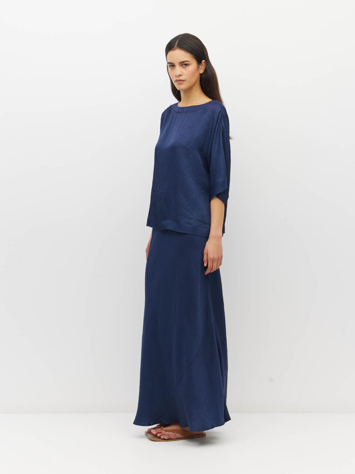 Juliette Hogan Nami T (Soft Matte Satin) Navy Crush - oversized satin top with boat neckline and wide kimono sleeves.