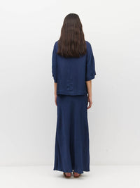 Juliette Hogan Nami T (Soft Matte Satin) Navy Crush - oversized satin top with boat neckline and wide kimono sleeves.