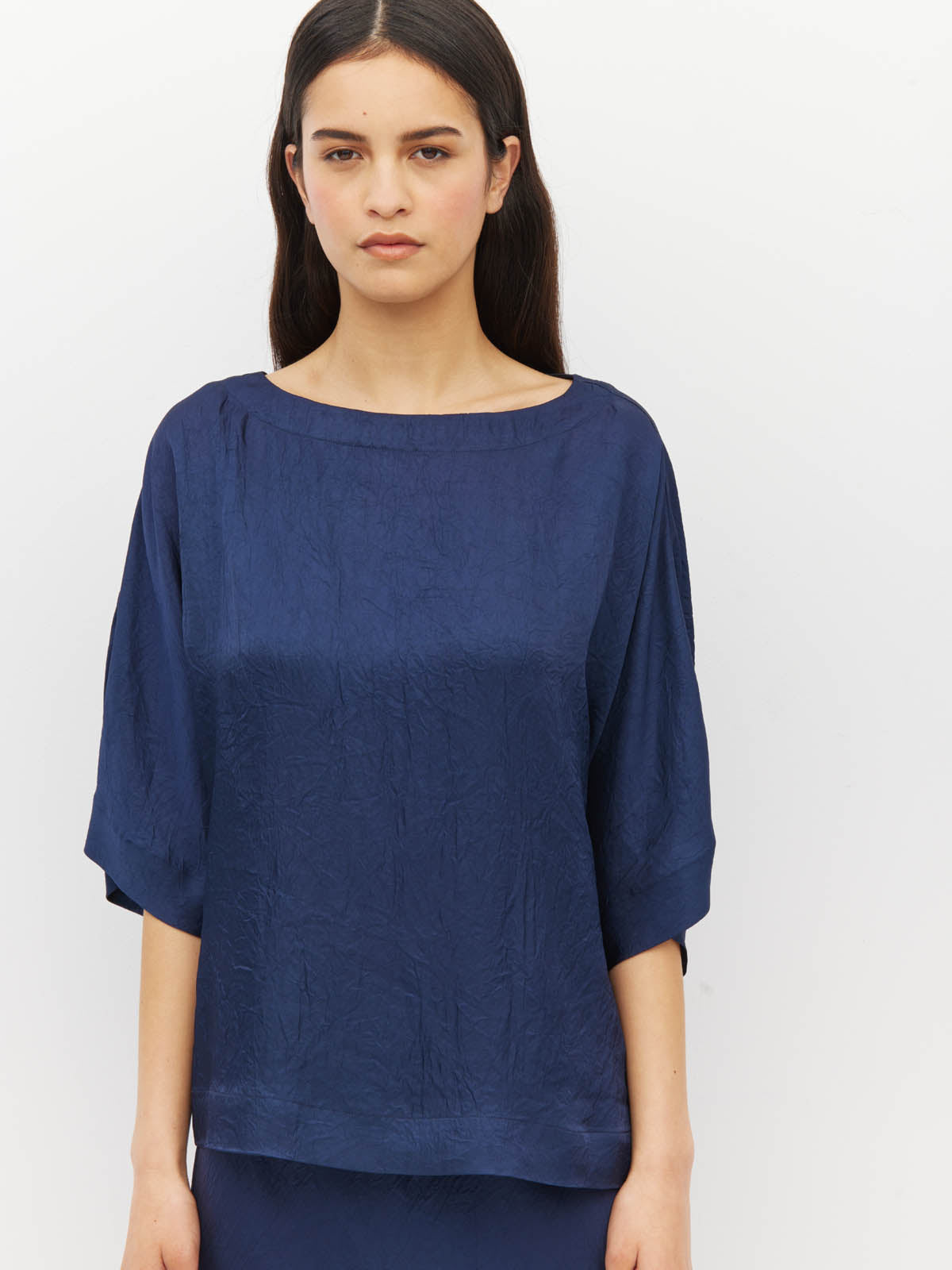 Juliette Hogan Nami T (Soft Matte Satin) Navy Crush - oversized satin top with boat neckline and wide kimono sleeves.