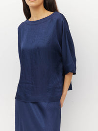 Juliette Hogan Nami T (Soft Matte Satin) Navy Crush - oversized satin top with boat neckline and wide kimono sleeves.