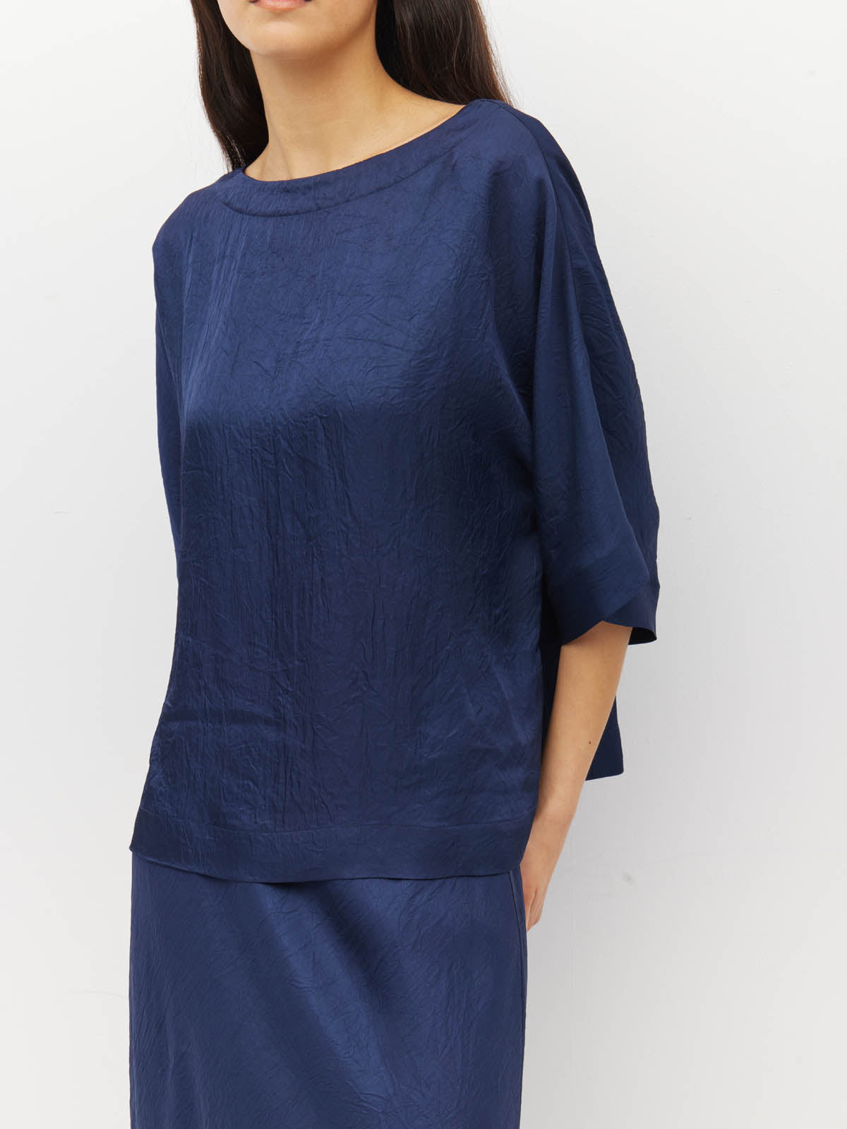 Juliette Hogan Nami T (Soft Matte Satin) Navy Crush - oversized satin top with boat neckline and wide kimono sleeves.