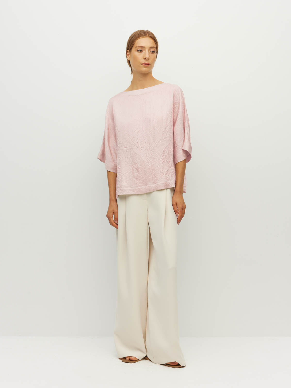 Juliette Hogan Nami T (Soft Matte Satin) Pale Pink Crush - oversized satin top with boat neckline and wide kimono sleeves.