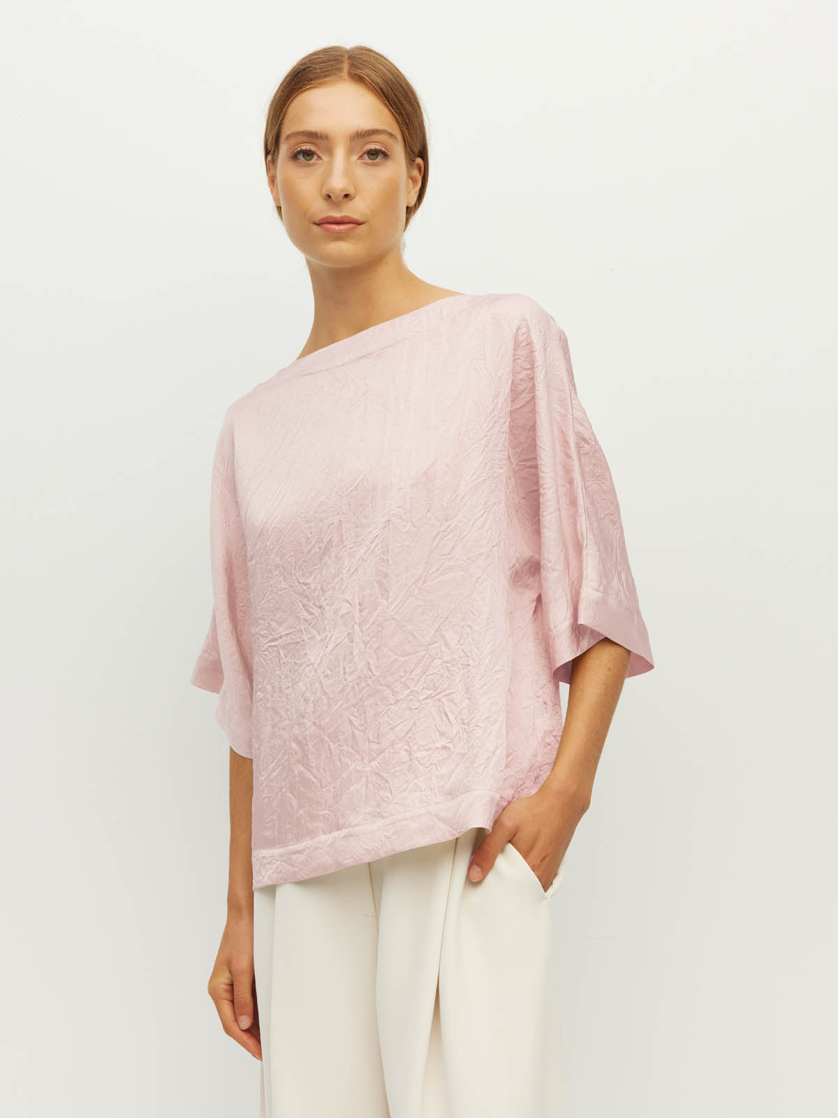 Juliette Hogan Nami T (Soft Matte Satin) Pale Pink Crush - oversized satin top with boat neckline and wide kimono sleeves.