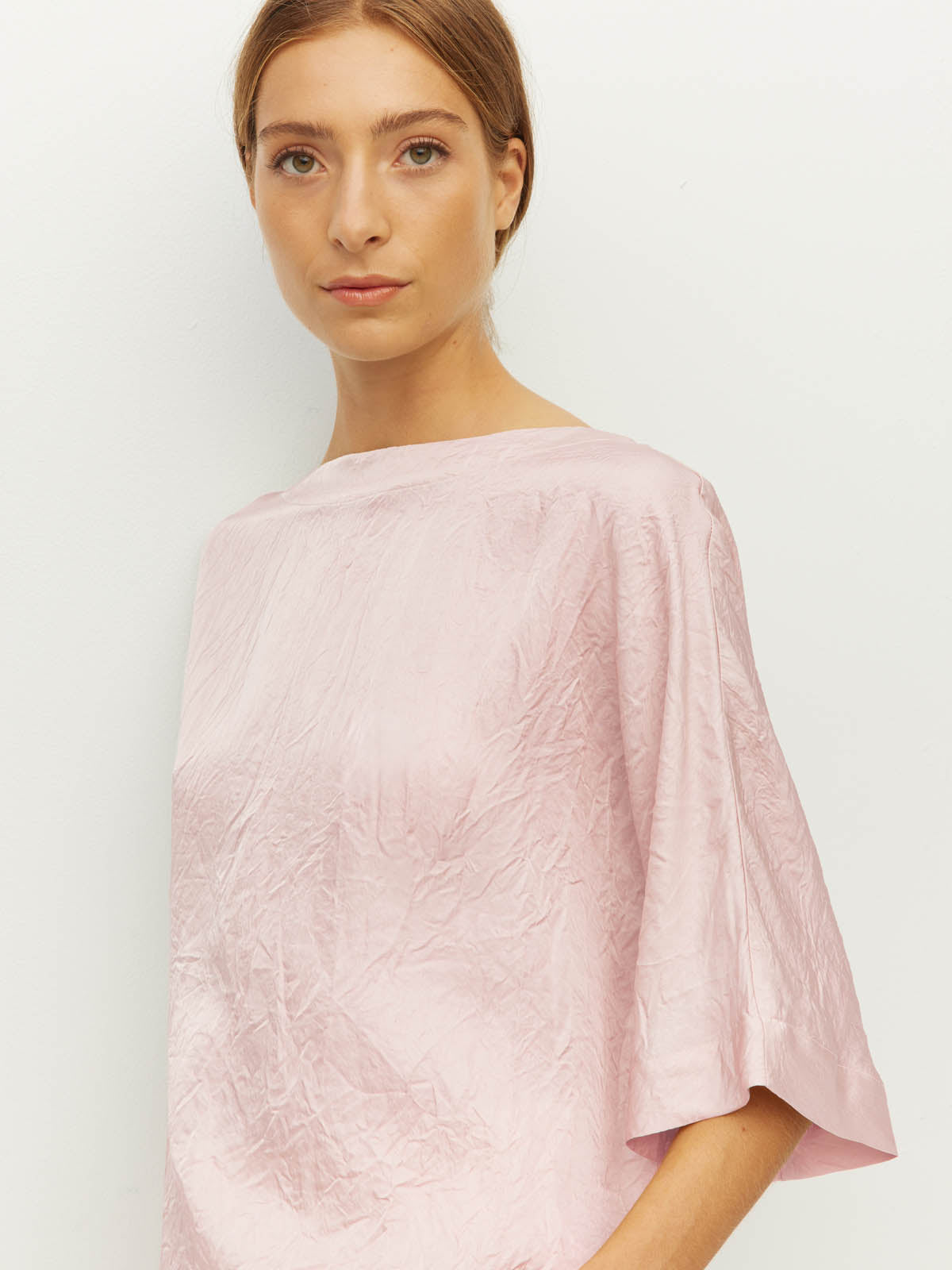 Juliette Hogan Nami T (Soft Matte Satin) Pale Pink Crush - oversized satin top with boat neckline and wide kimono sleeves.