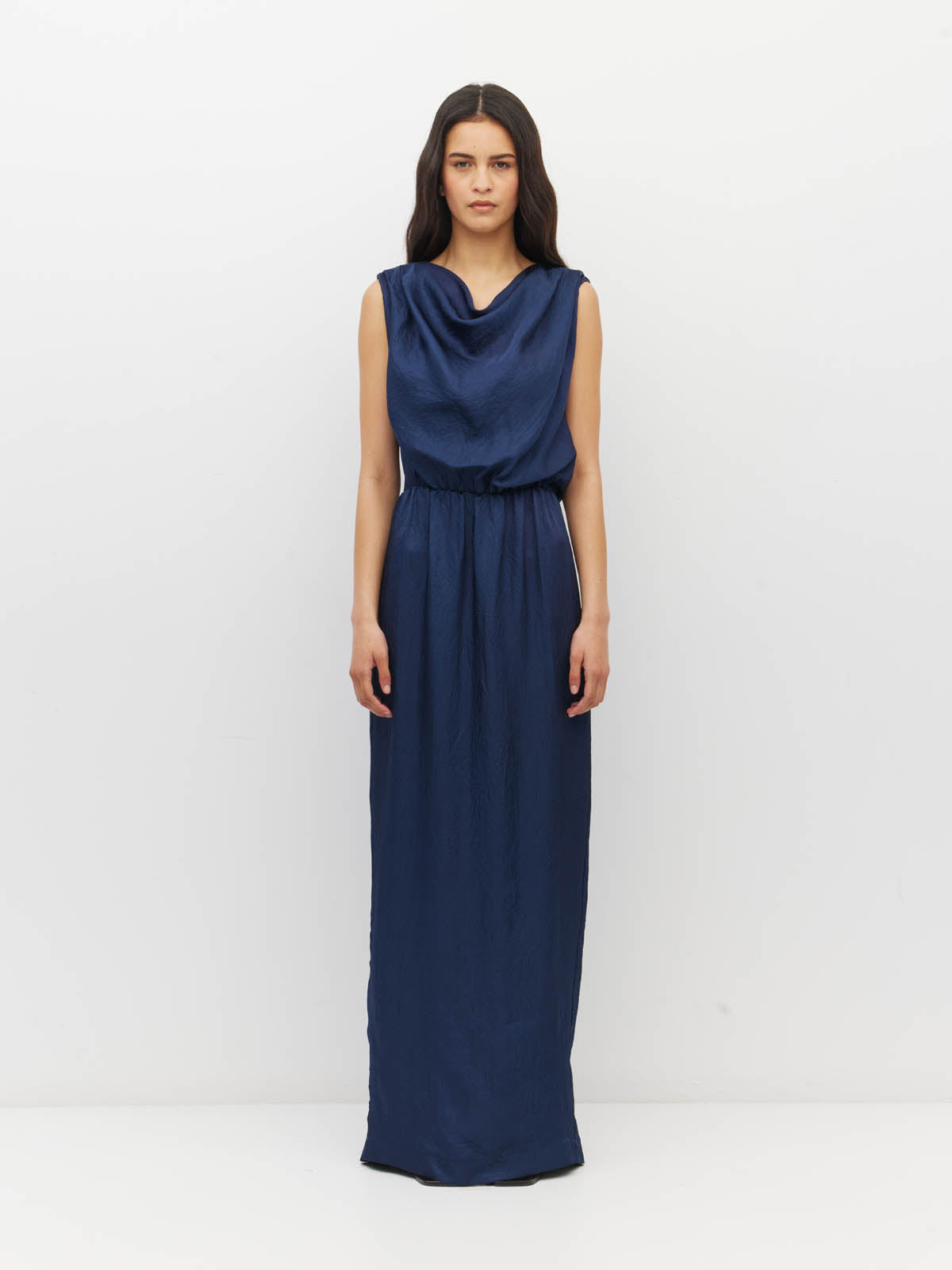 Juliette Hogan Walsh Dress (Soft Matte Satin) Navy Crush - draped-bodice event dress with elastic waist and straight pencil skirt with kickpleat.