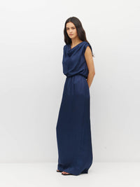 Juliette Hogan Walsh Dress (Soft Matte Satin) Navy Crush - draped-bodice event dress with elastic waist and straight pencil skirt with kickpleat.