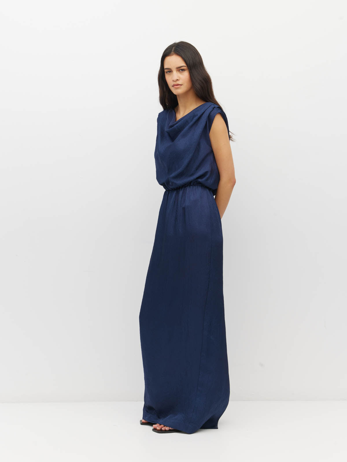 Juliette Hogan Walsh Dress (Soft Matte Satin) Navy Crush - draped-bodice event dress with elastic waist and straight pencil skirt with kickpleat.