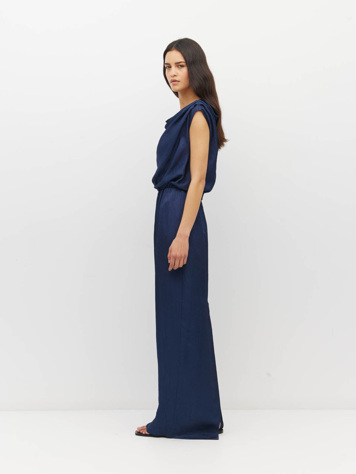 Juliette Hogan Walsh Dress (Soft Matte Satin) Navy Crush - draped-bodice event dress with elastic waist and straight pencil skirt with kickpleat.