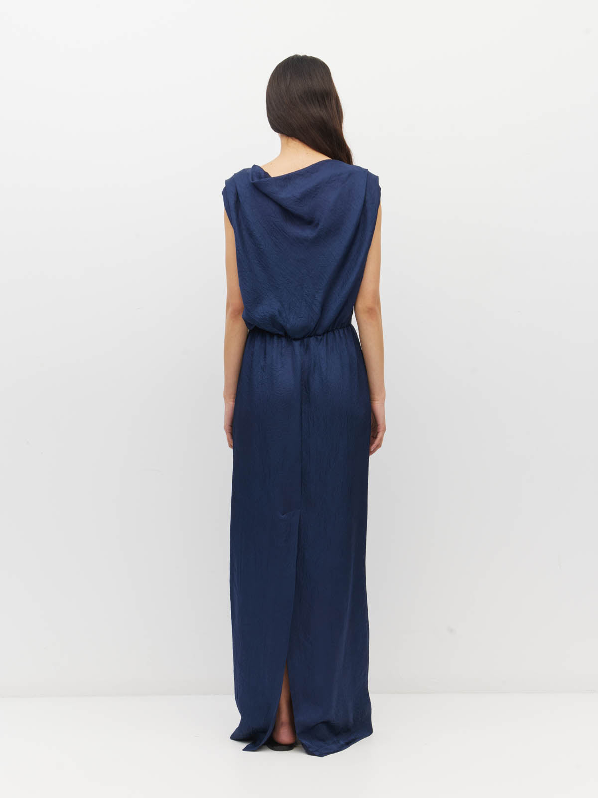 Juliette Hogan Walsh Dress (Soft Matte Satin) Navy Crush - draped-bodice event dress with elastic waist and straight pencil skirt with kickpleat.